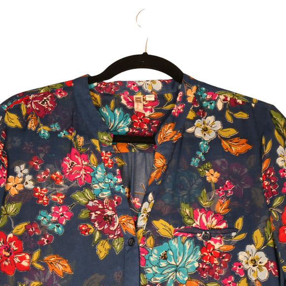 Kut From The Kloth Blouse Womens Large Blue Floral Sheer Roll Tab Sleeves Boho - Picture 5 of 13